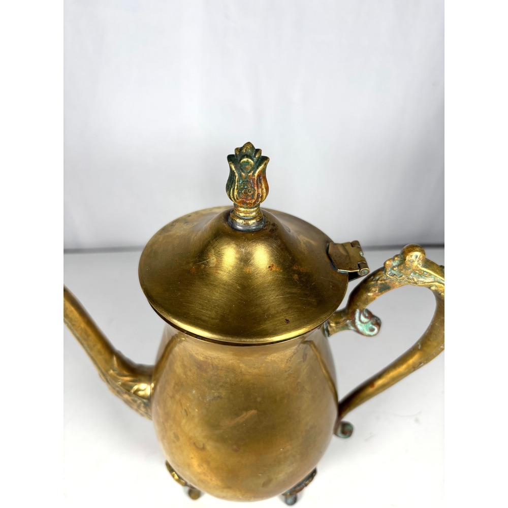 Vintage Brass Coffee Pot Teapot Footed Ornate Hinged Lid Pitcher Decor - Picture 13 of 13